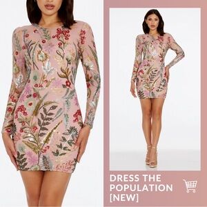 Dress The Population Dress Pink Sequins Long Sleeve Lacey MEDIUM, NWT, Floral